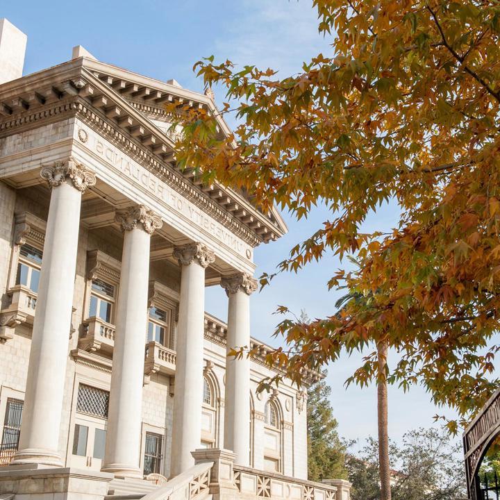 Media card - University of Redlands administration building in fall season